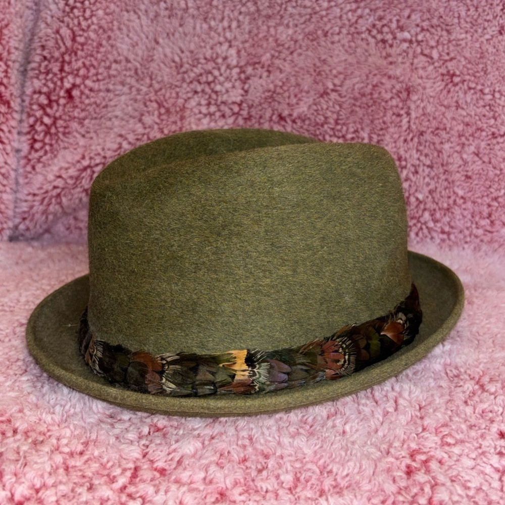 Vtg Dobbs Game Bird  Fedora Hat Feather Band Olive Green Size 7 1/4​​